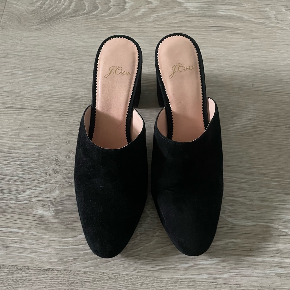 J crew black heeled mules